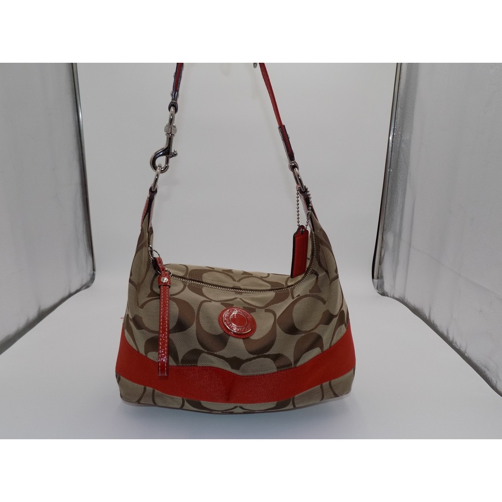 Coach Signature Hobo Bag Canvas Leather Trim Orange Shoulder Bag Purse
